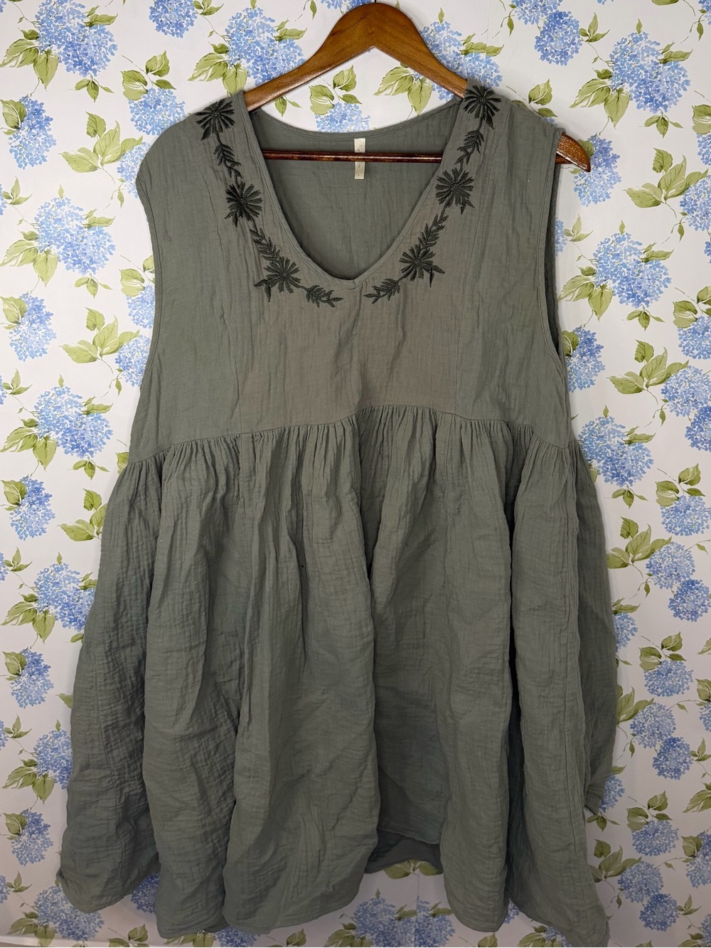 Sleeveless Embroidered V-Neck Cotton Dress in Olive Green